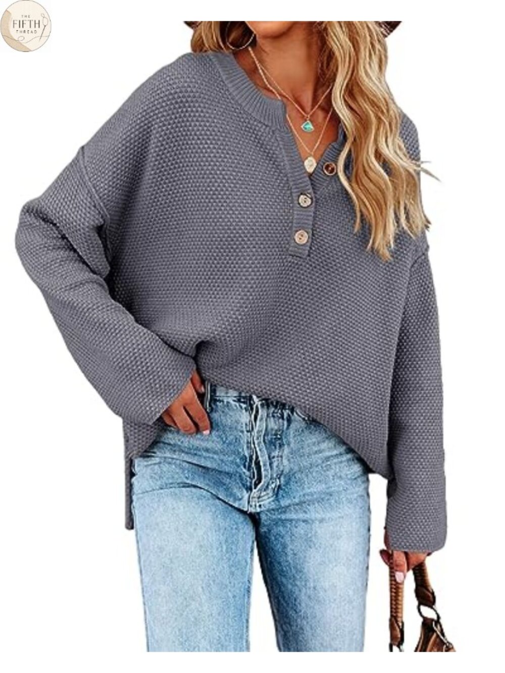 Women's Oversized V-Neck Knit Pullover Sweater Long Sleeve Button Henley